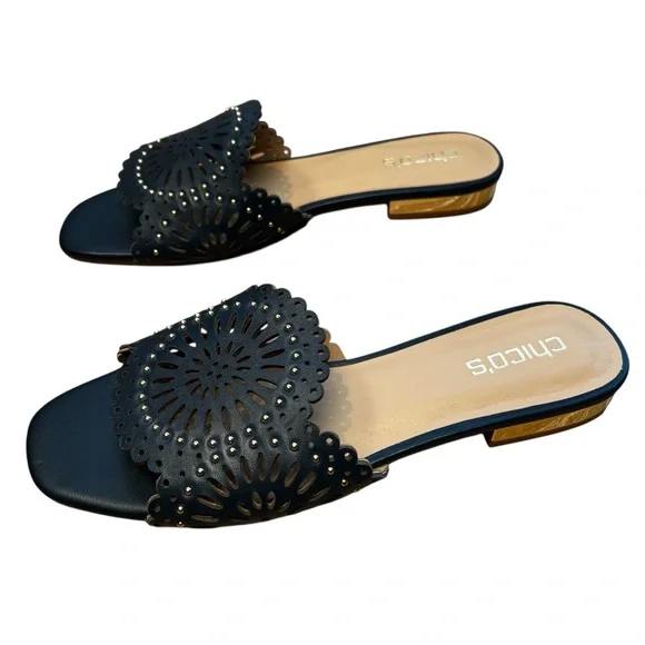 Chico's Woman’s Laser Cut Slide Sandals Navy Blue Gold Studs Size 9 - Picture 3 of 8